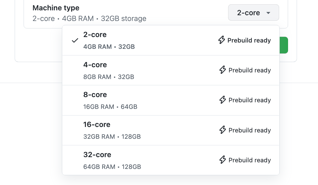 Screenshot of a list of available machine types: 2, 4, 8, 16, and 32 core, all labeled "Prebuild ready."