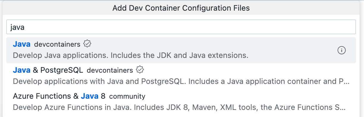 Capture d’écran de la liste déroulante « Ajouter des fichiers de configuration de conteneur de développement » avec « java » entré dans le champ de recherche et les trois options Java répertoriées ci-dessous.