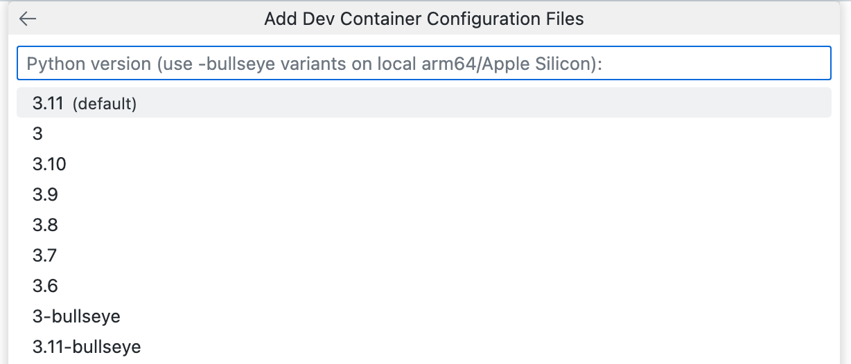 Capture d’écran de la liste déroulante « Ajouter des fichiers config de conteneur de développement » répertoriant diverses versions de Python 3.