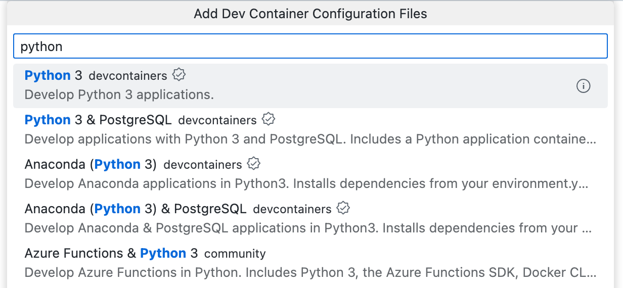 Capture d’écran de la liste déroulante « Ajouter des fichiers config de conteneur de développement » répertoriant des options de Python.