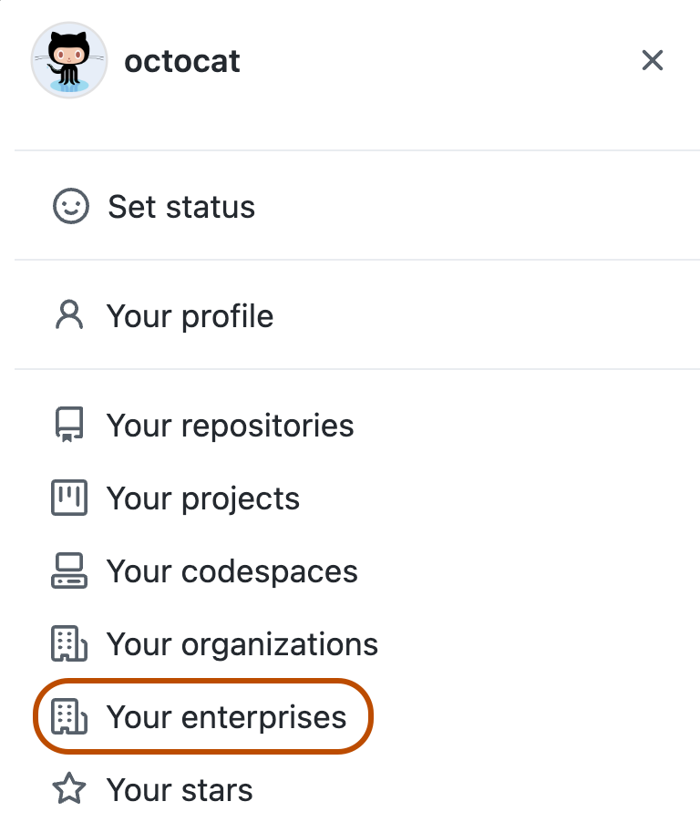 "Your enterprises" en el menú desplegable de la imagen de perfil en GitHub Enterprise Cloud