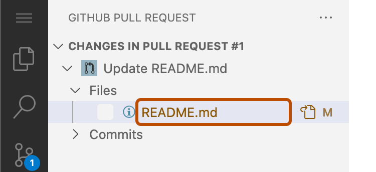 Capture d’écran de la barre latérale « Demande de tirage GitHub ». Un nom de fichier est mis en évidence avec un encadré orange foncé.