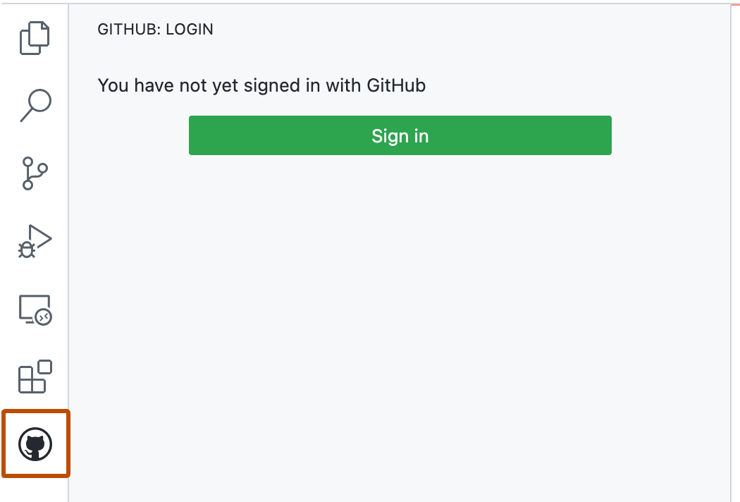 Capture d’écran de la barre latérale GitHub montrant le bouton « Se connecter ». L’icône GitHub dans la barre d’activité est mise en évidence avec un encadré orange.