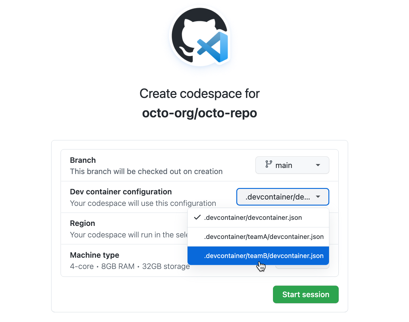 Capture d’écran de la page d’options pour créer des codespaces, montrant une liste déroulante avec un choix de fichiers de configuration.