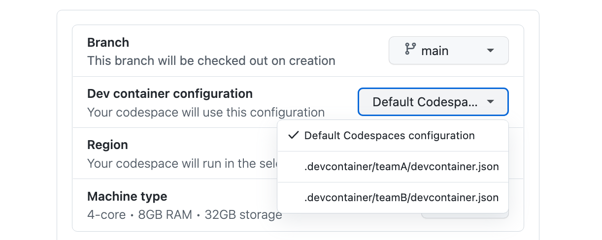 Capture d’écran de la liste déroulante « Configuration du conteneur de développement » avec le choix de la configuration par défaut sélectionné.