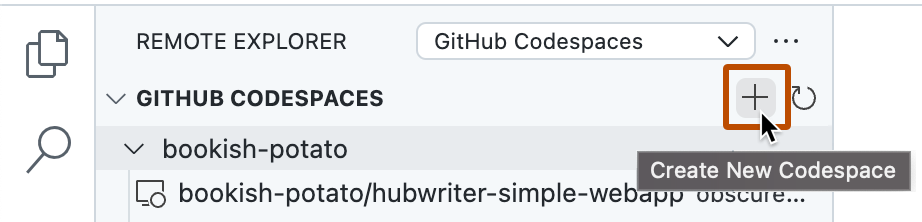 Capture d’écran de la barre latérale « Explorateur distant » pour GitHub Codespaces. L’info-bulle « Créer un codespace » s’affiche à côté du bouton signe plus.