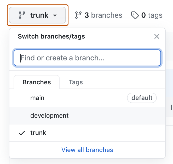 Capture d’écran du menu déroulant de la branche développée, avec la liste des différentes branches. Le menu déroulant, avec une icône de branche et le texte « trunk », est mis en évidence avec un encadré orange foncé.