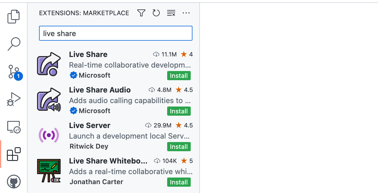 검색 상자에 "라이브 공유"가 입력된 "확장: Marketplace" 사이드바의 스크린샷. "Live Share"는 확장 목록의 첫 번째 항목입니다.