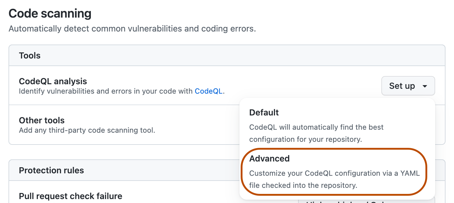 Screenshot of the "Code scanning" section of "Code security and analysis" settings. The "Advanced setup" button is highlighted with an orange outline.