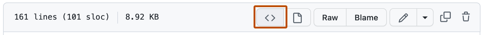 GitHub 存储库中的 Markdown 文件的屏幕截图,其中显示了用于与文件交互的选项。 显示源 blob 的按钮用深橙色框出。