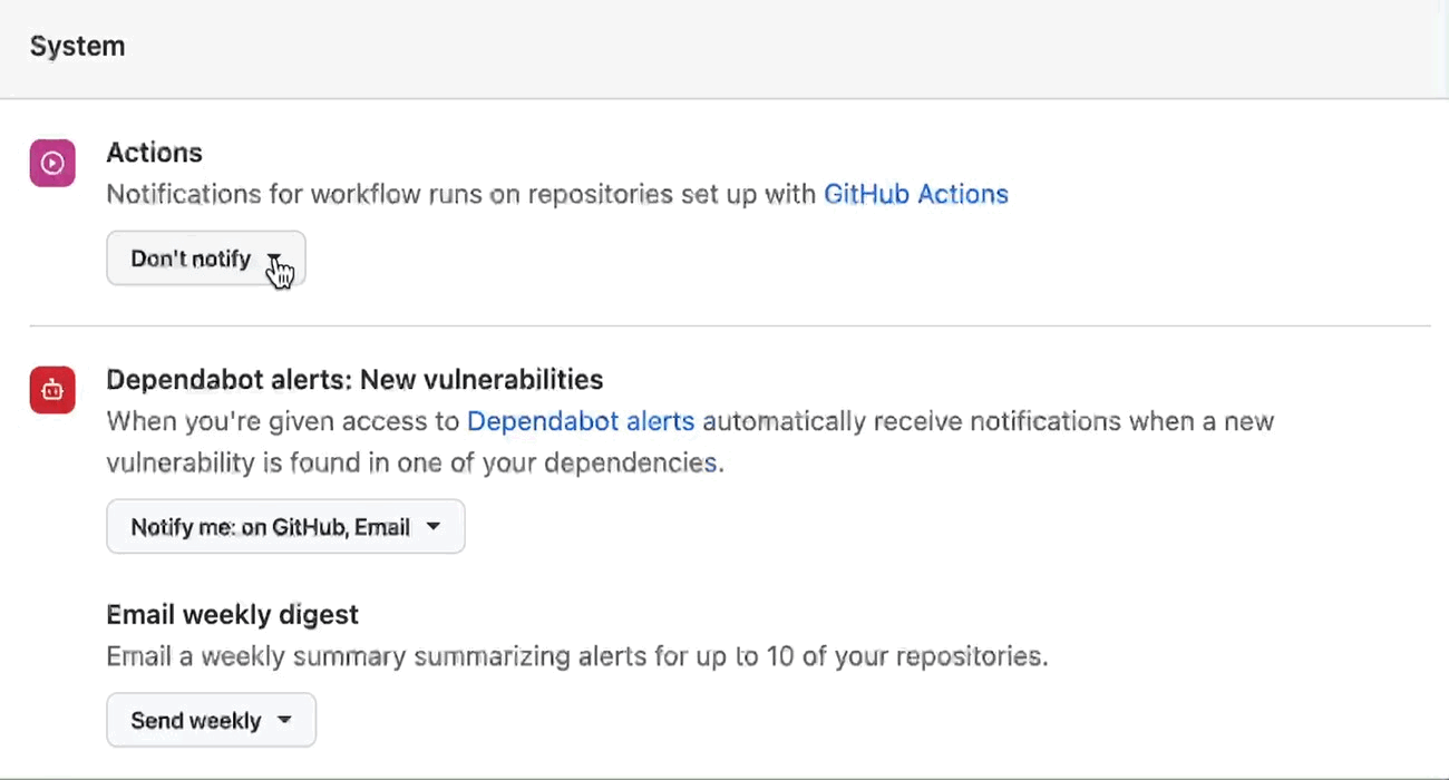 Animated GIF of notification options for GitHub Actions