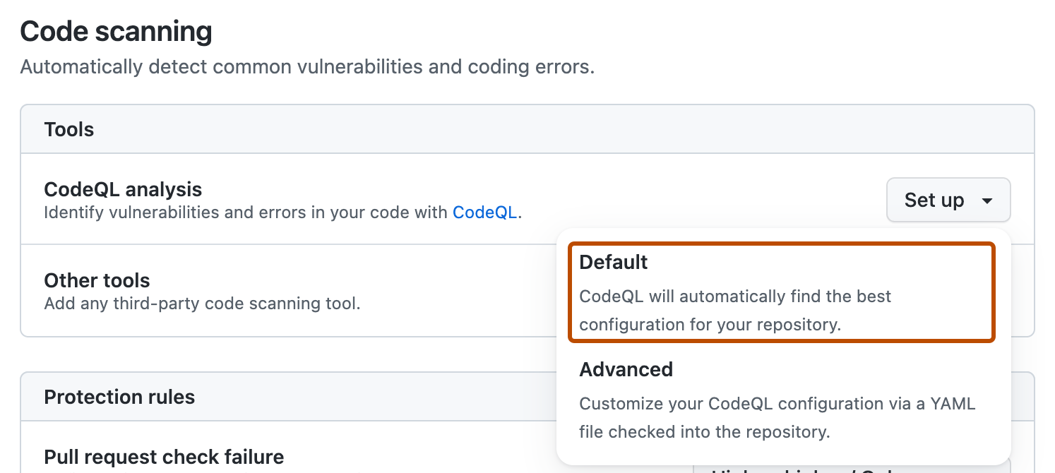 “代码安全性和分析”设置的“Code scanning”部分的屏幕截图。 “默认设置”按钮以橙色轮廓突出显示。