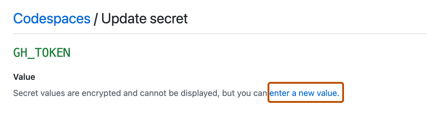 Снимок экрана: страница "Codespaces / Update secret" (Кодовые пространства и обновление секрета). Ссылка "Ввести новое значение" выделена темно-оранжевым контуром.