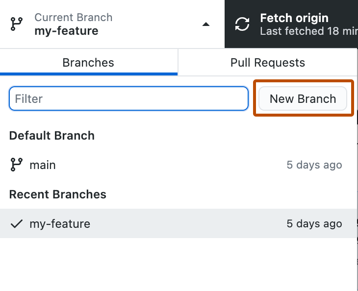 Снимок экрана: раскрывающееся представление "Current Branch" (Текущая ветвь). Рядом с полем "Фильтр" кнопка с меткой "Создать ветвь" выделена оранжевым цветом.