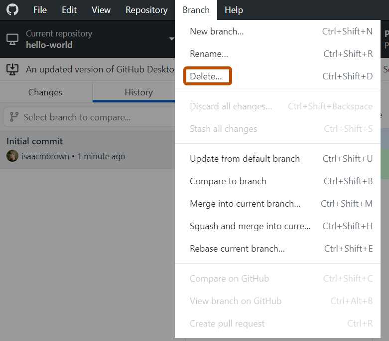 Снимок экрана: строка меню "GitHub Desktop" в Windows. В развернутом раскрывающемся меню "Ветвь" параметр с меткой "Удалить" выделен оранжевым цветом.