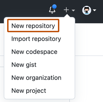Capture d’écran d’un menu déroulant GitHub montrant les options permettant de créer des éléments. L’élément de menu « Nouveau référentiel » est souligné en orange foncé.