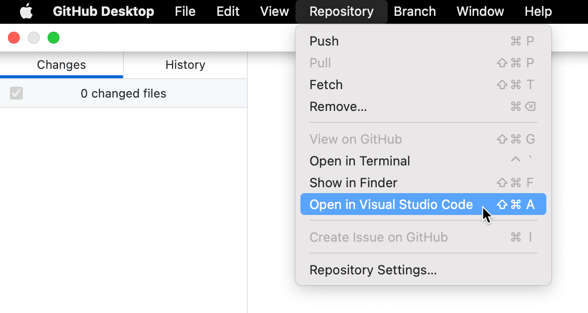 Screenshot einer Menüleiste auf einem Mac. Im geöffneten Dropdownmenü „Repository“ wird ein Cursor auf „In Visual Studio Code öffnen“ bewegt, was blau hervorgehoben ist.