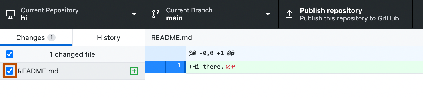 Screenshot der Registerkarte „Änderungen“ in der Randleiste. Links neben der Datei „README.md“ ist ein ausgewähltes Kontrollkästchen mit einer orangefarbenen Umrandung hervorgehoben.