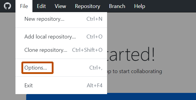 Windows 上的“GitHub Desktop”菜单栏的屏幕截图。 在展开的“文件”下拉菜单中,“选项”项以橙色边框突出显示。