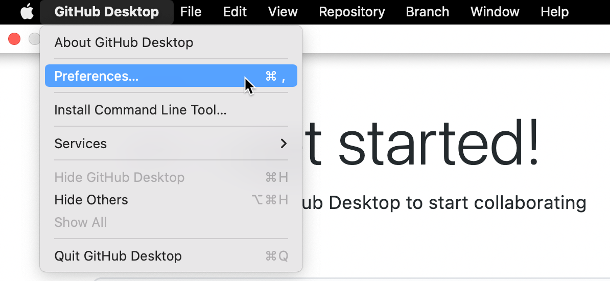 Mac 上的菜单栏的屏幕截图。 在打开的“GitHub Desktop”下拉菜单下,光标悬停在“首选项”上,后者呈蓝色突出显示。