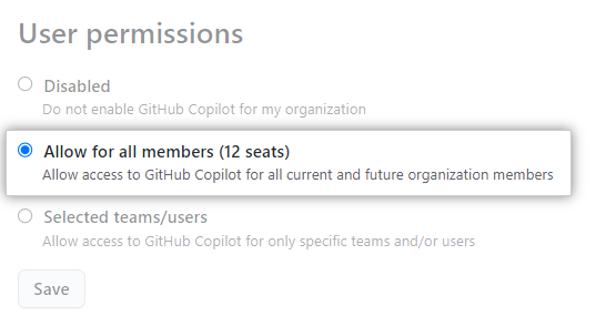 Capture d’écran des autorisations utilisateur GitHub Copilot