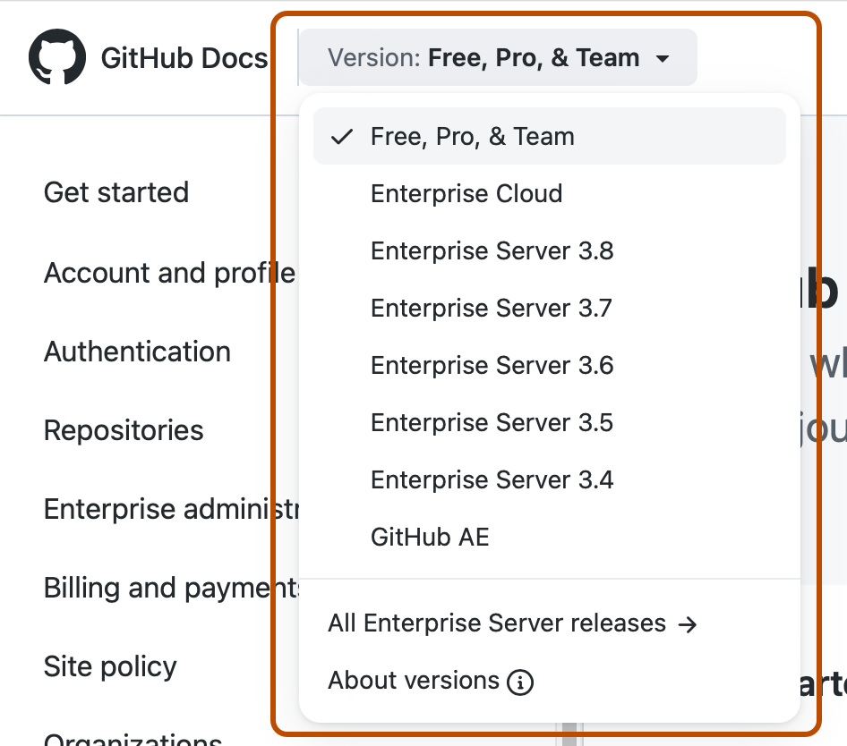 GitHub Docs 标头的屏幕截图。 “版本”下拉菜单已展开并以橙色轮廓突出显示。