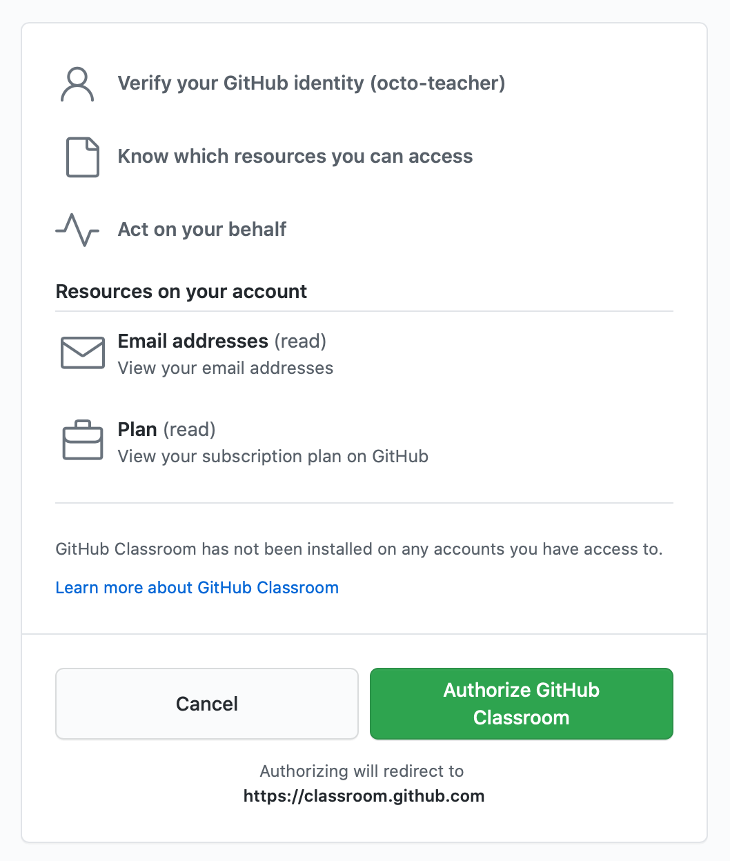 개인 계정에 대한 "GitHub Classroom 권한 부여" 단추