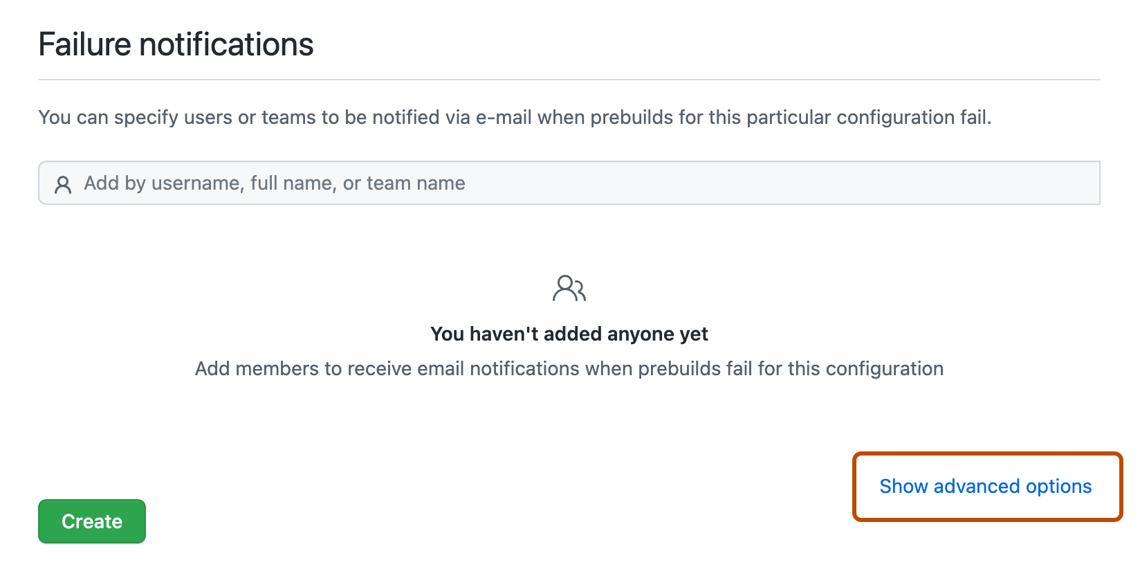 Capture d’écran du bas de la page de configuration des prébuilds. Le lien « Afficher les options avancées » est mis en évidence avec un encadré orange foncé.