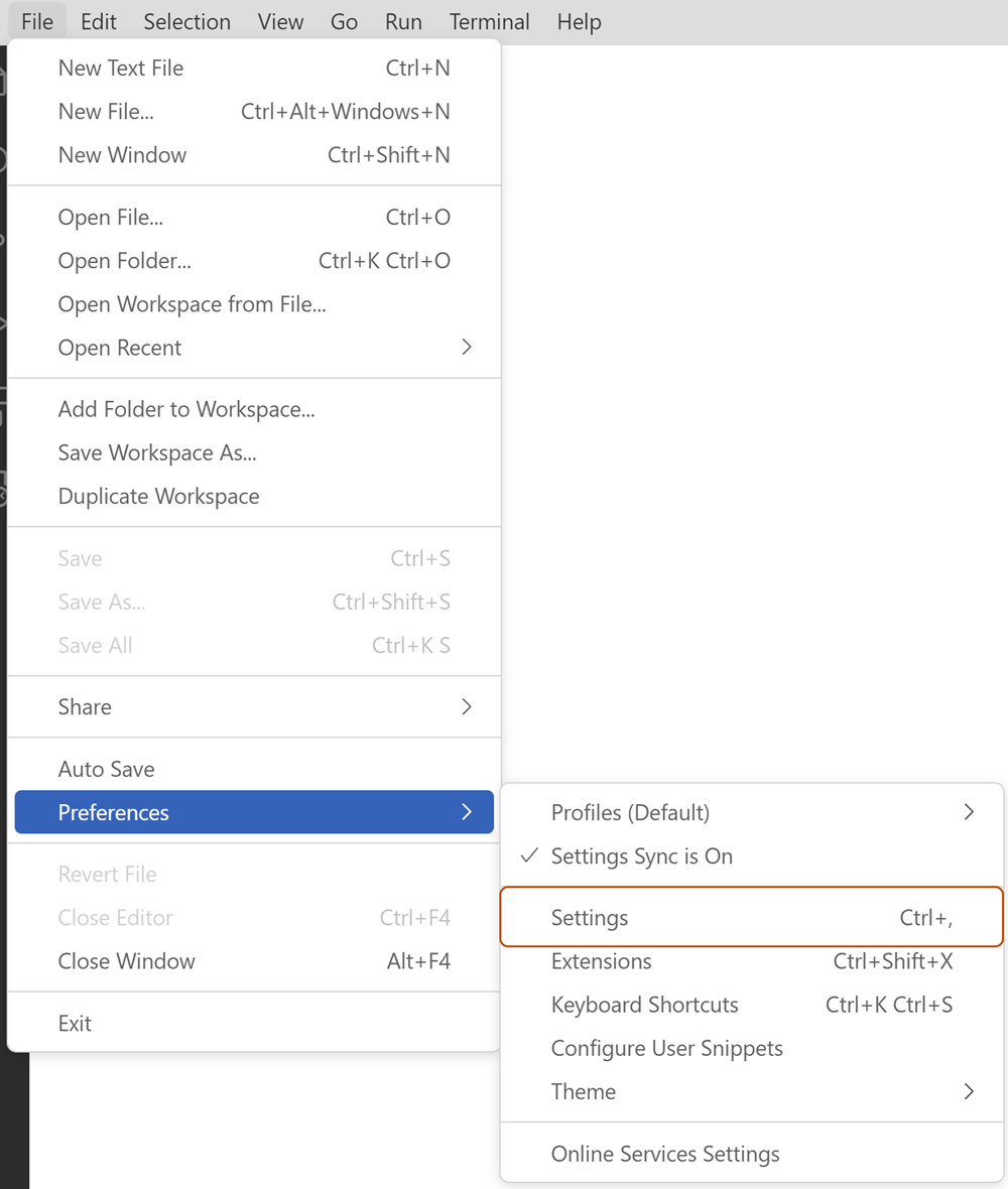 Снимок экрана: параметры Visual Studio Code