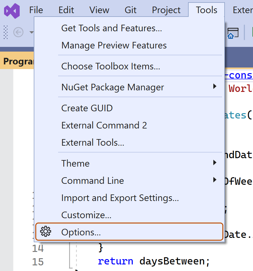 Снимок экрана: элемент "Параметры" на панели инструментов Visual Studio