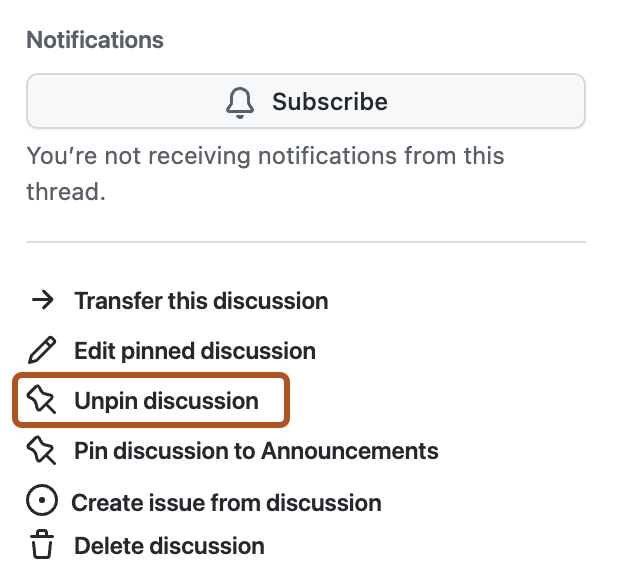 Screenshot of the "Unpin discussion" option in right sidebar for discussion