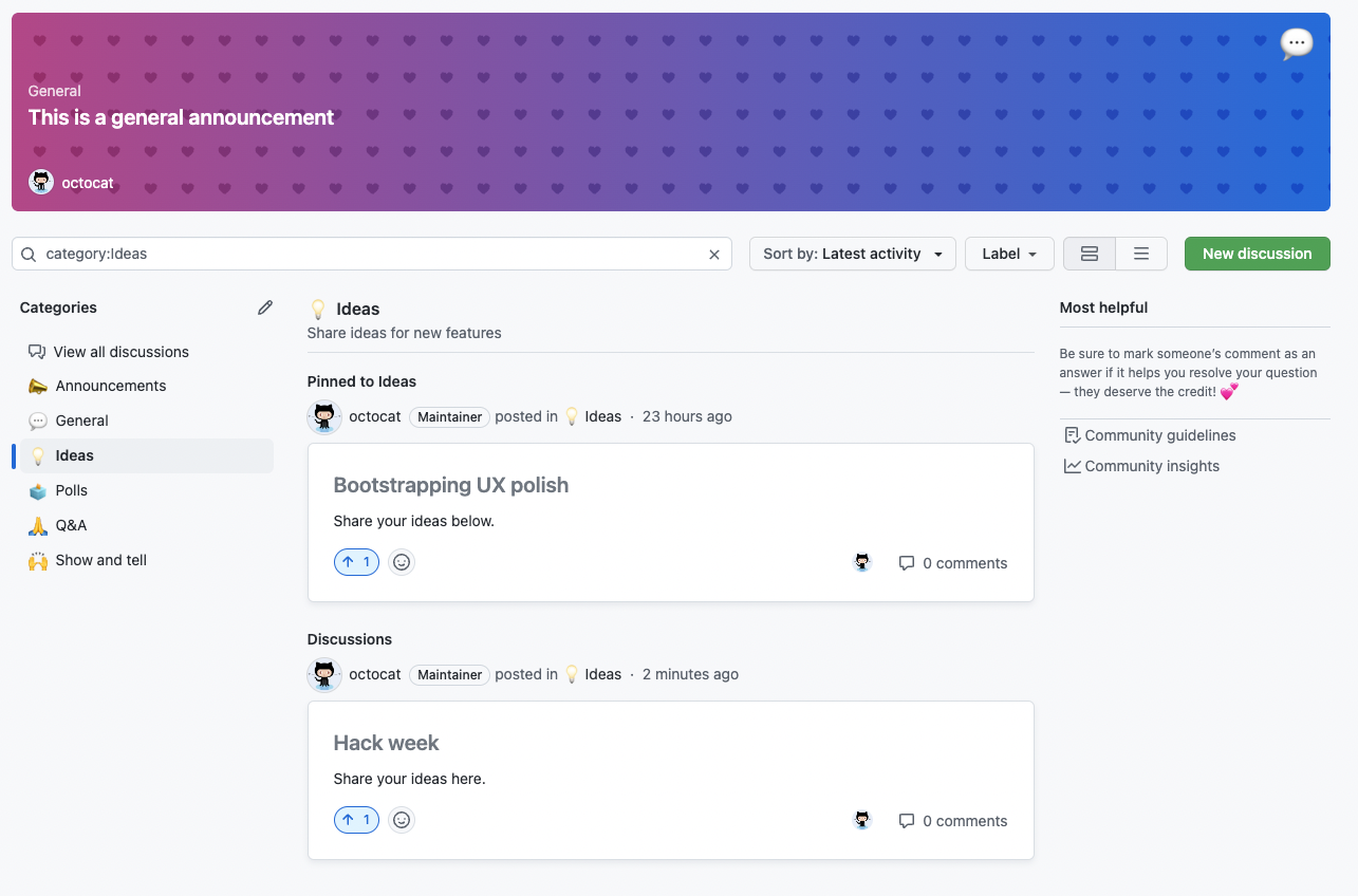 Screenshot of a globally pinned discussion and a discussion pinned to the Ideas category