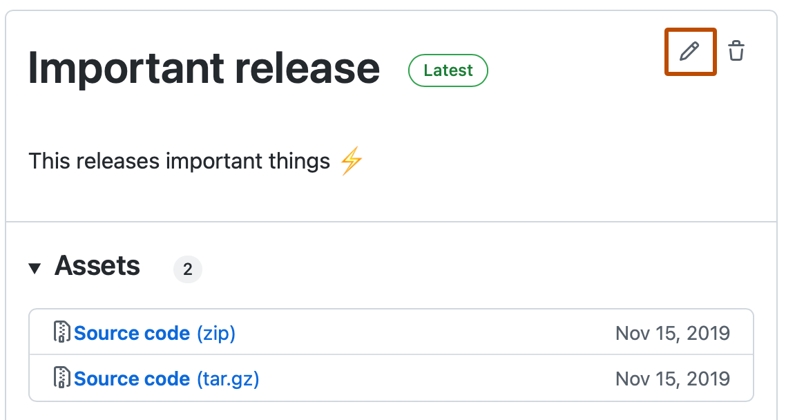Screenshot eines Releases in der Releaseliste. Das Stiftsymbol ist mit einem orangefarbenen Rahmen hervorgehoben.