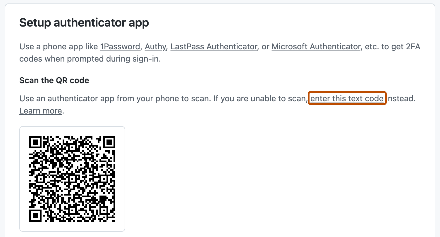 Captura de tela da seção "Configurar aplicativo autenticador" nas configurações de 2FA. Um link, rotulado como "insira este código de texto", realçado em laranja.