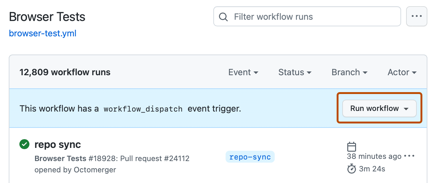 Capture d’écran d’une page de workflow. Au-dessus de la liste des exécutions de workflow, un bouton intitulé « Exécuter le workflow » est indiqué en orange foncé.