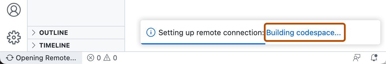 Capture d’écran d’un message contextuel dans VS Code, indiquant « Configuration de la connexion à distance : Génération d’un codespace ».