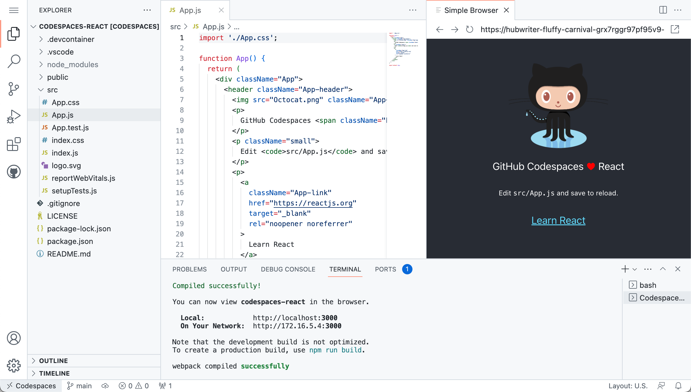 Снимок экрана: простой браузер VS Code отображает веб-приложение в шаблоне React GitHub.
