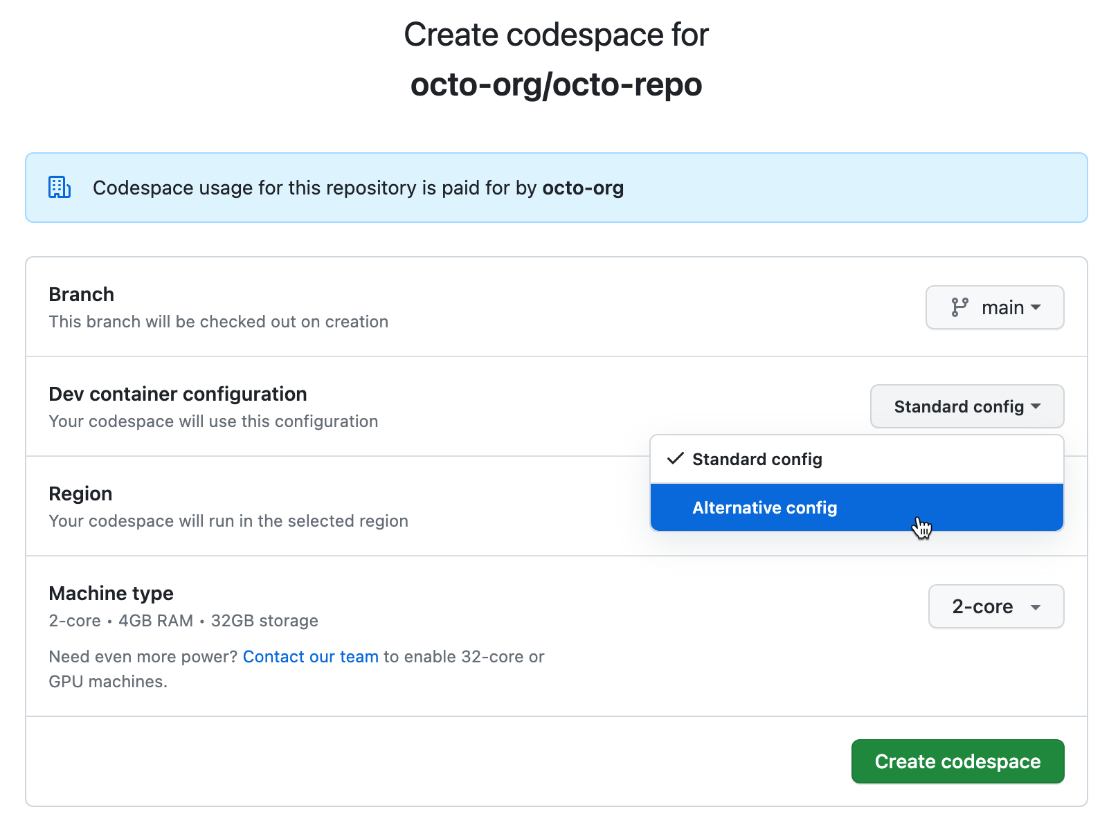 Screenshot of the codespace creation options page, showing a dropdown listing a choice of configuration files.