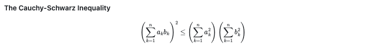 Captura de tela do Markdown renderizado mostrando como uma equação complexa é exibida no GitHub. O texto em negrito diz "A desigualdade Cauchy-Schwarz". Abaixo do texto, há uma equação mostrando que o parente aberto da soma de k é igual a de 1 a n de um sub k b sub k fecha parênteses ao quadrado é inferior ou igual a abre parente soma de k é igual a de 1 a n de um sub k ao quadrado fecha parente vezes abre parente a soma de k é igual a de 1 a n de b sub k ao quadrado fecha parente