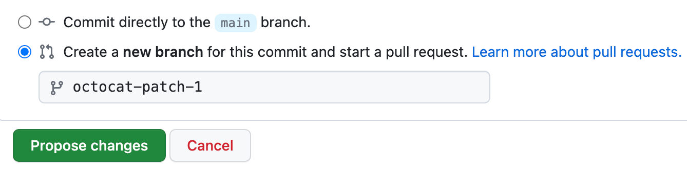 Снимок экрана: запрос на вытягивание GitHub с переключателем для фиксации непосредственно в ветви main или для создания новой ветви. Выбрана новая ветвь.