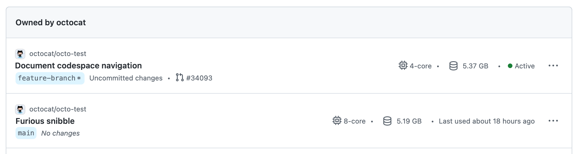 Снимок экрана: список двух codespace на GitHub. Пространства кода называются "Document codespace navigation" и "Furious snibble".