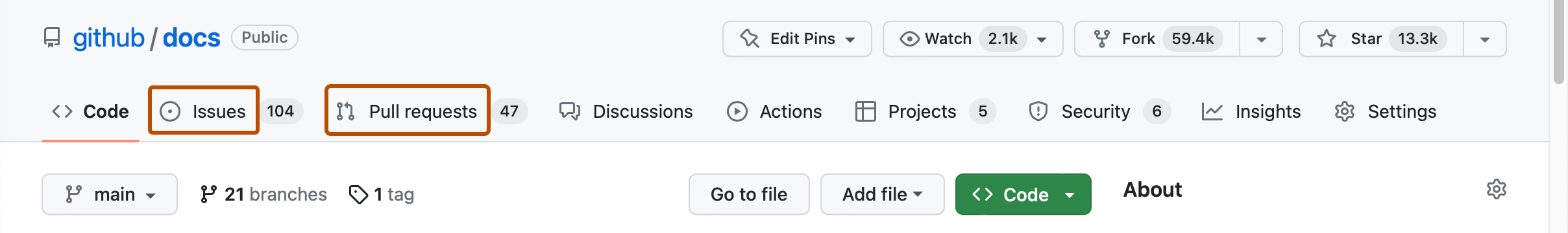 Screenshot of the main page of a repository. In the horizontal navigation bar, two tabs, labeled "Issues" and "Pull requests," are each outlined in dark orange.s
