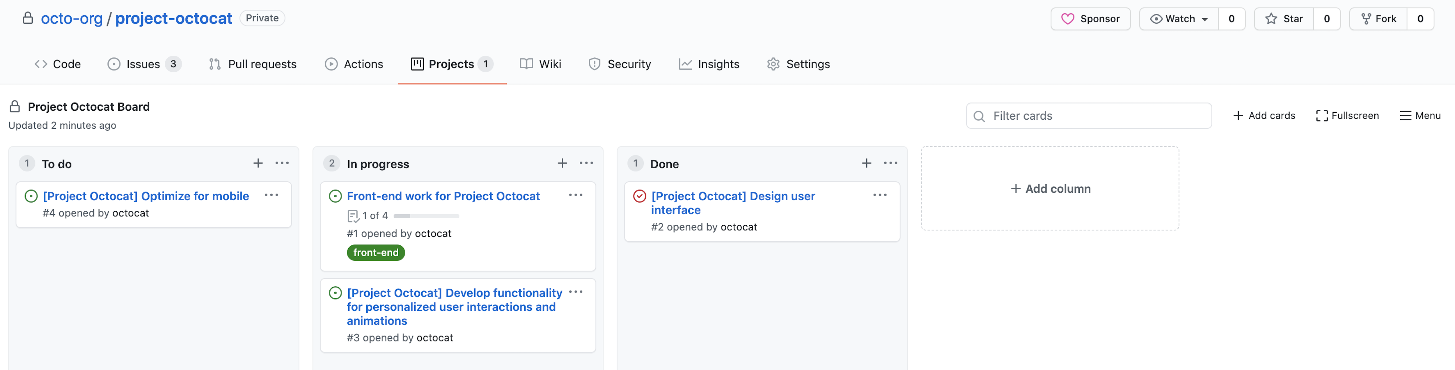 Capture d’écran d’un panneau de projet appelé « Project Octocat Board », avec les problèmes organisés en colonnes « À faire », « En cours » et « Terminé ».