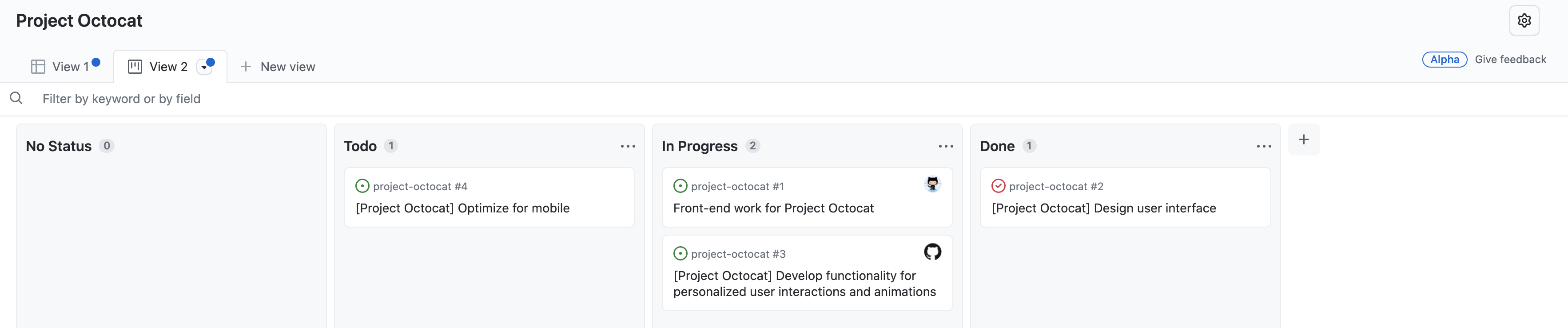 Capture d’écran de la vue panneau du projet « Project Octocat », avec les problèmes organisés en colonnes « Aucun état », « À faire », « En cours » et « Terminé ».