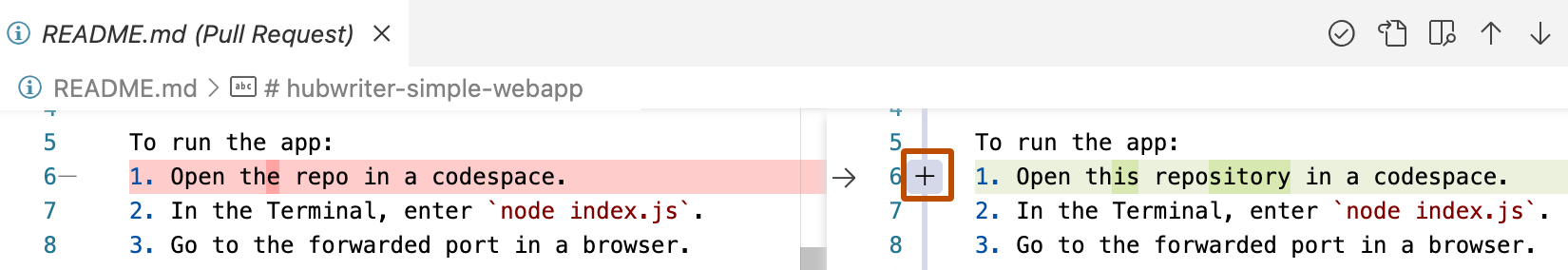 Capture d’écran de la vue de différences. Dans la version principale du fichier, à droite de l’éditeur, le signe Plus en regard d’une ligne est mis en évidence.