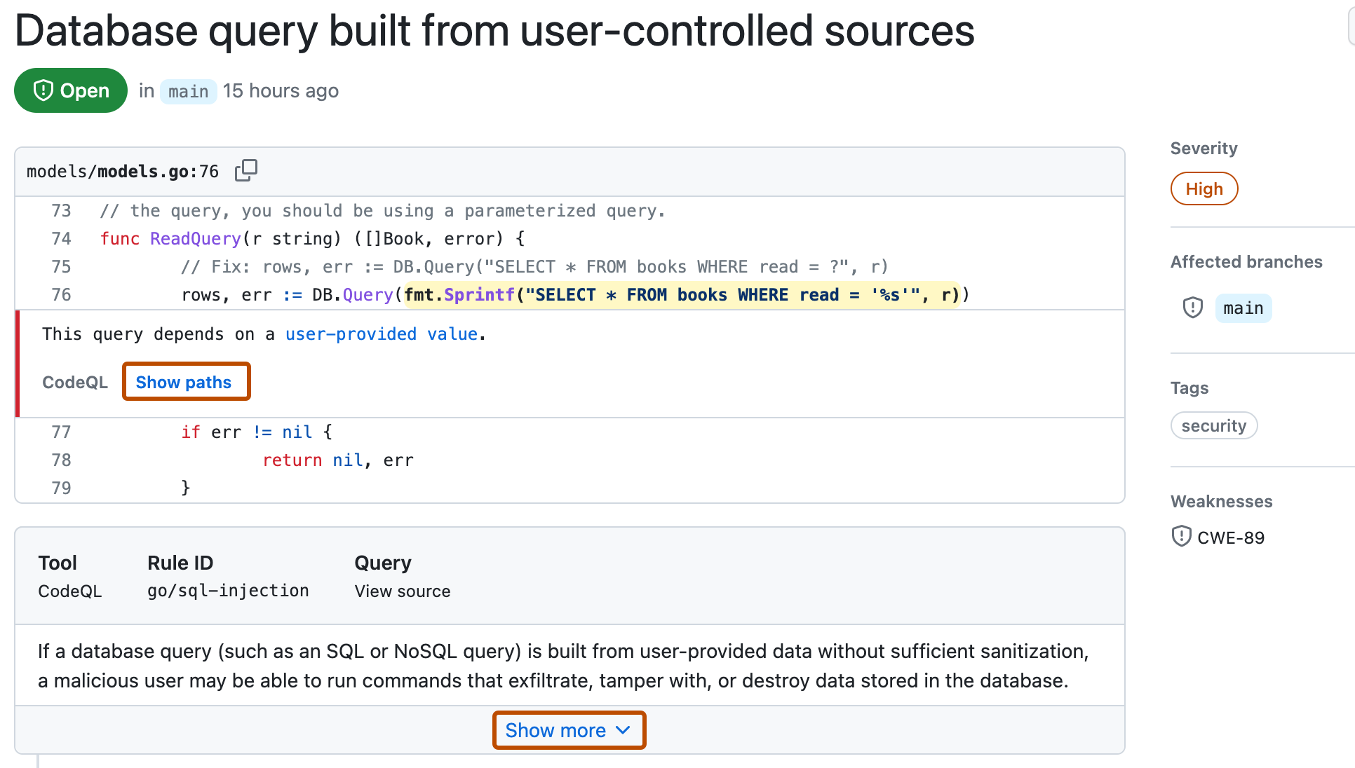 Снимок экрана: оповещение code scanning. Ссылка "Показать пути" выделена темно-оранжевым контуром. Ссылка "Показать больше", описанная на следующем шаге, также выделена.