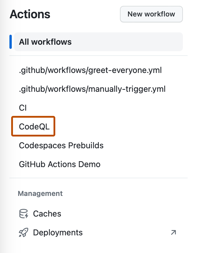 Снимок экрана: левая боковая панель вкладки "Действия". Рабочий процесс CodeQL выделен темно-оранжевым цветом.