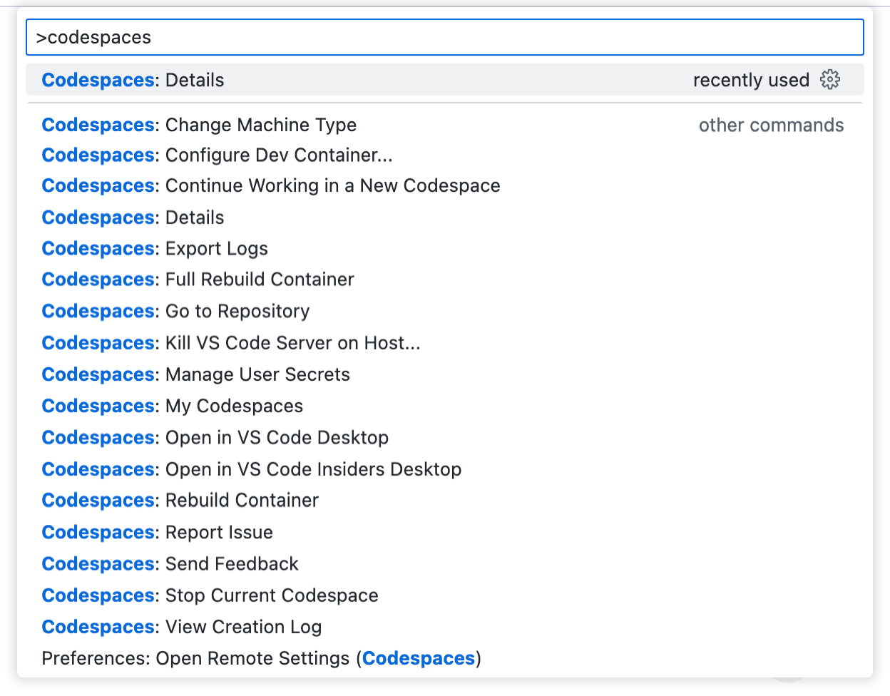 命令面板的屏幕截图,其中输入了“codespaces”。 下拉列表列出与 GitHub Codespaces 相关的所有命令。