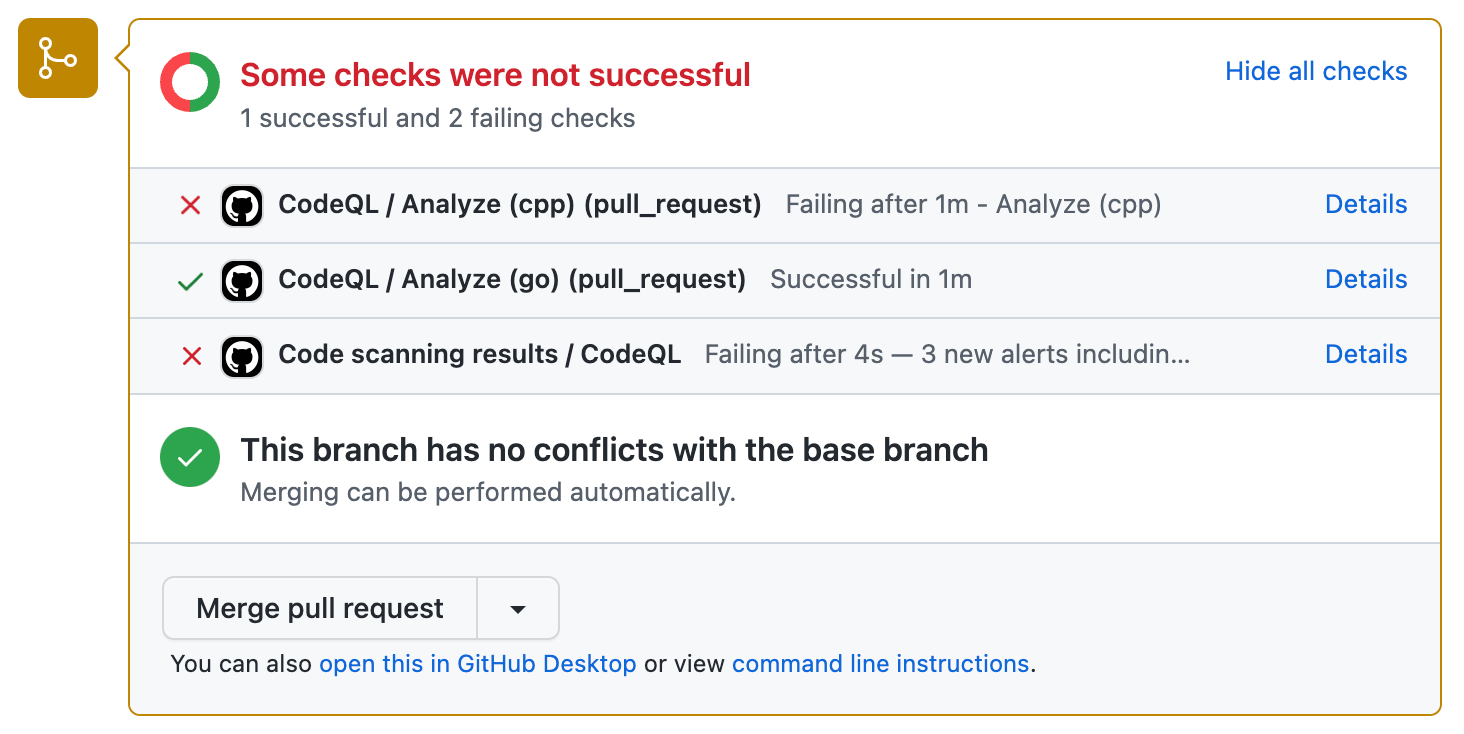 Screenshot: Beispiel für Pull-Request-Überprüfungen durch code scanning, ein Fehler bei der CodeQL-Analyse für C++ werden mit einem roten Kreuz dargestellt.