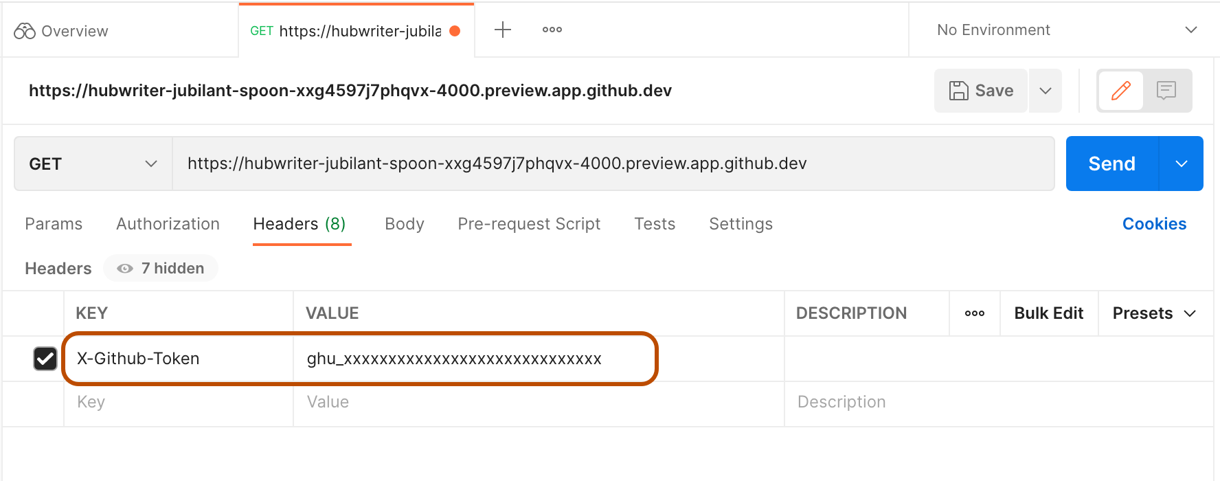 Снимок экрана: фиктивный GITHUB_TOKEN, вставленный в Postman в качестве значения ключа X-GitHub-Token. Выделены ключ и значение.